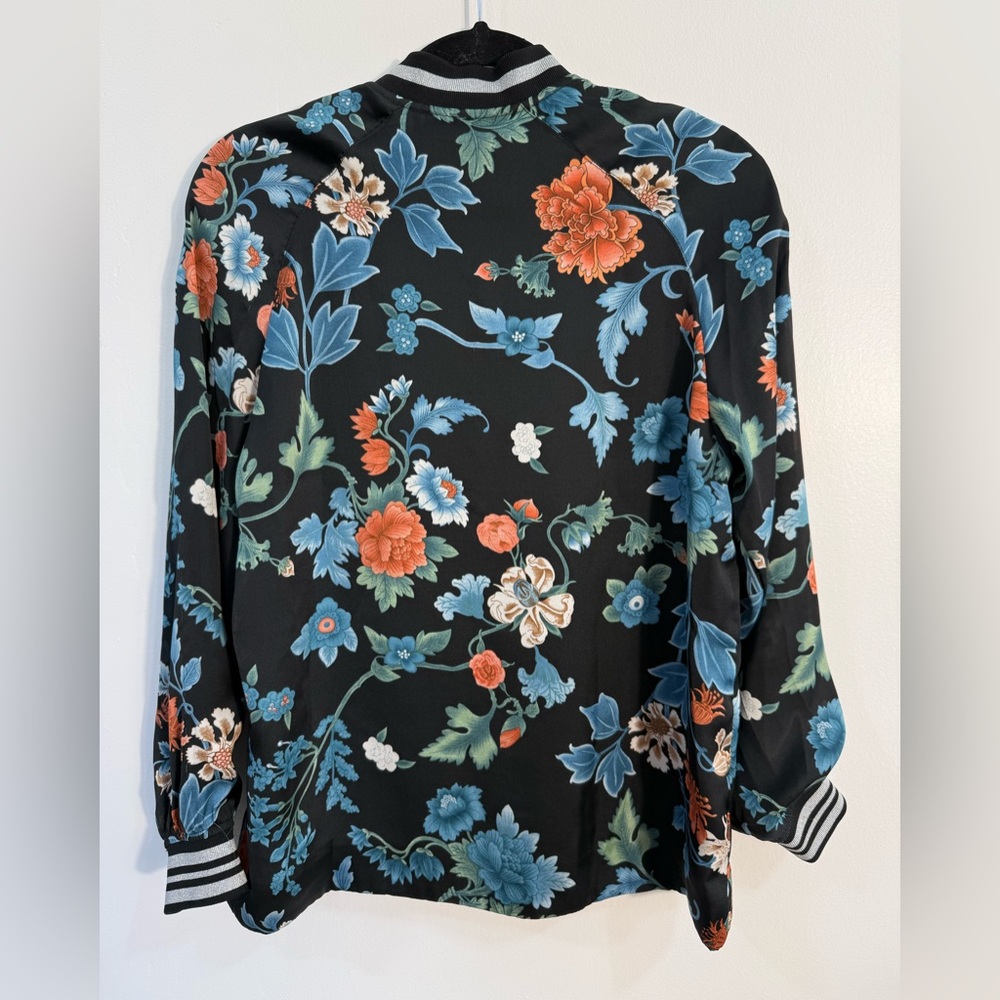H&M Black silky lined zipper Bomber Jacket with Blue and Orange Blooms small - Picture 2 of 7
